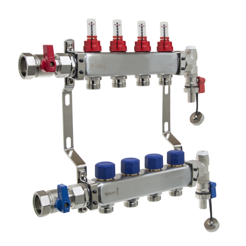 UFH Stainless Manifold 4 Port Kit Includes End Set and Ball Valves