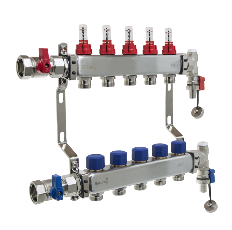 UFH Stainless Manifold 5 Port Kit Includes End Set and Ball Valves