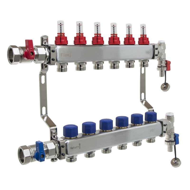 UFH Stainless Manifold 6 Port Kit Includes End Set and Ball Valves