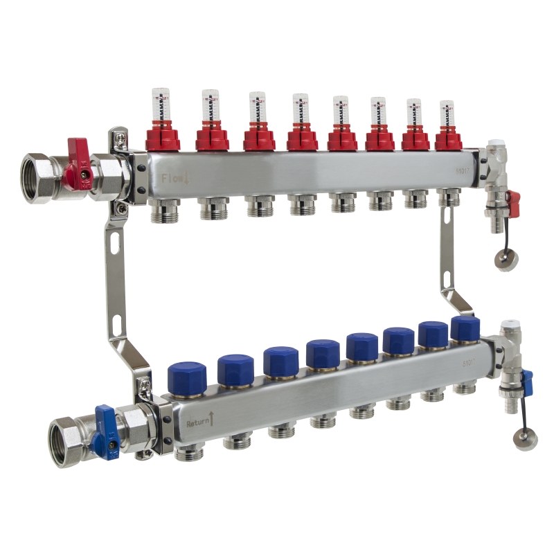 UFH Stainless Manifold 8 Port Kit Includes End Set and Ball Valves
