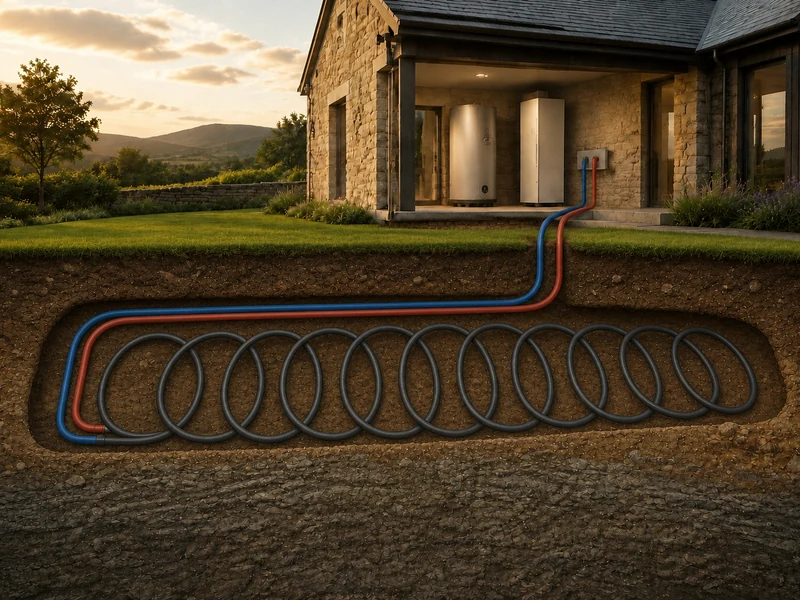 Cutaway illustration of horizontal slinky ground collectors coiled in shallow trenches beside a house