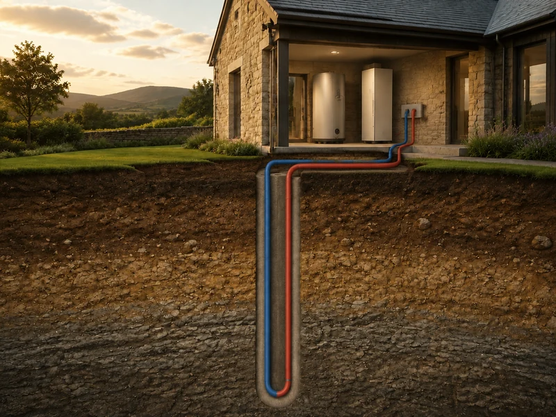 Cutaway illustration of vertical borehole collectors carrying ground loops down to around 100 metres beside a house