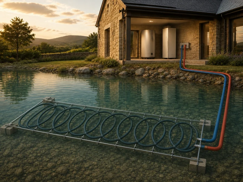 Cutaway illustration of pond mat collectors submerged on the bed of a lake near a house
