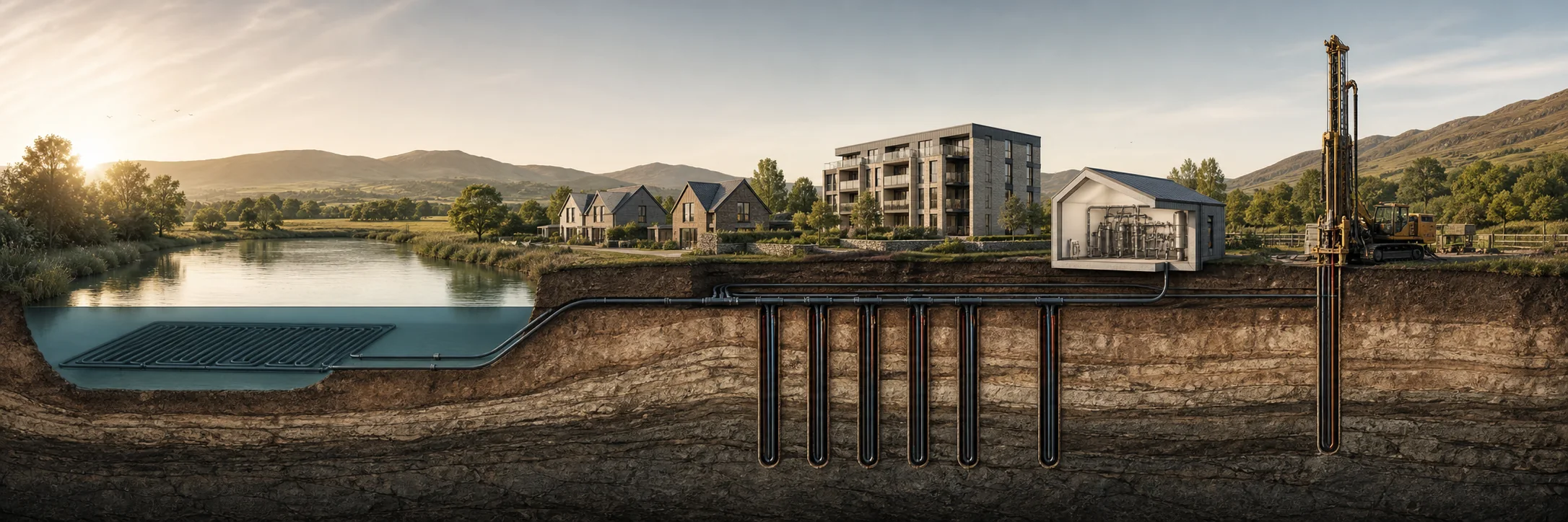 Cutaway illustration of ground-source collector options - pond mat, horizontal loops and boreholes - feeding a single plant room