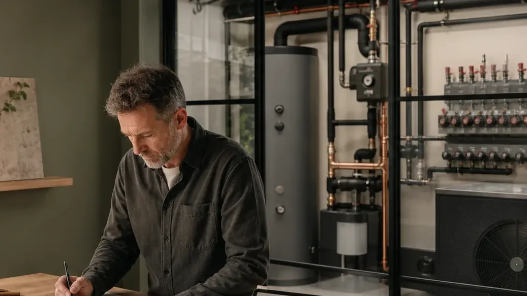 Illustrative heat-pump engineer coordinating drawings with installed plant