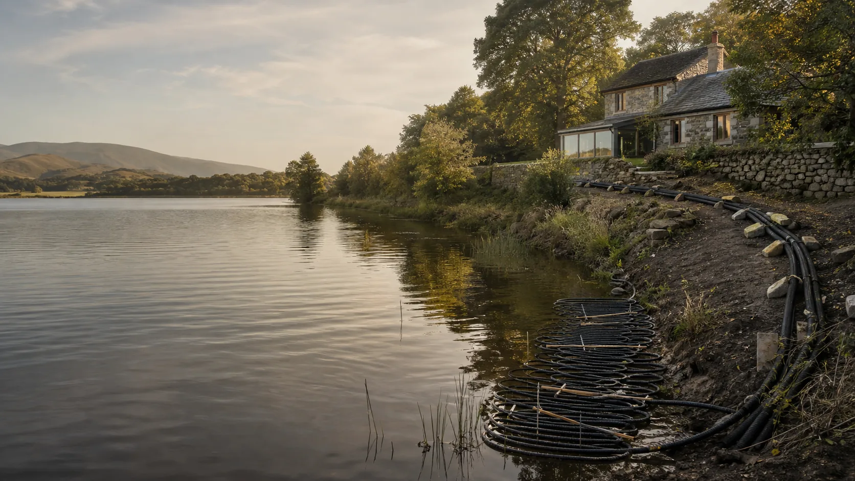 Illustrative lake-source heat-pump collector beside a rural Welsh home